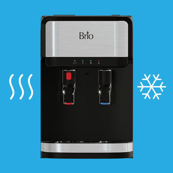 A black and silver Brio water dispenser with hot and cold options, shown against a blue background with steam and snowflake icons on either side.